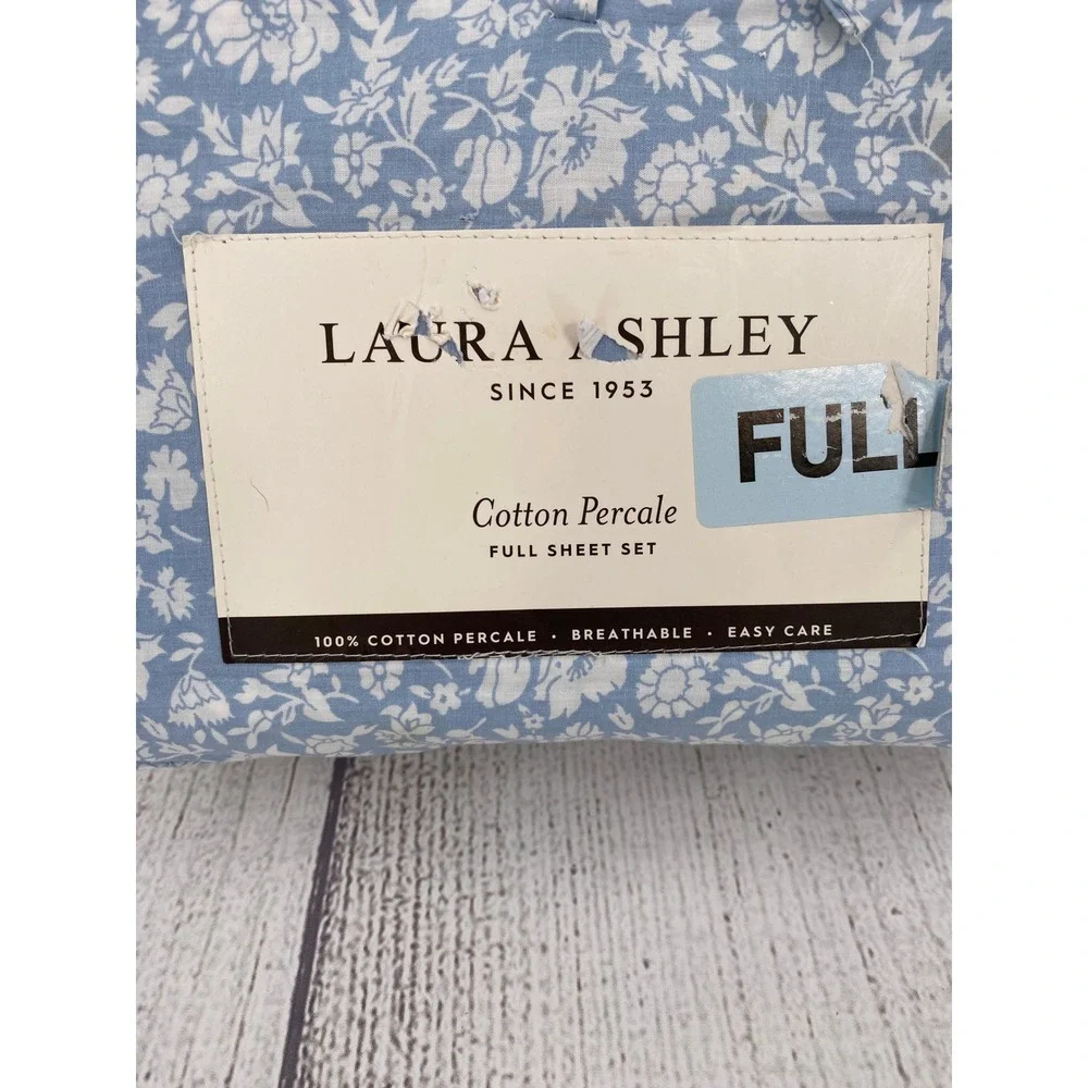 Laura Ashley Sheet Set FULL Blue White Floral Cotton Percale Heirloom Ditzy